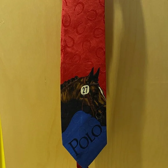 Vintage Polo by Ralph Lauren Equestrian Hand Made Silk Tie in Red with Horseshoe - Picture 2 of 10